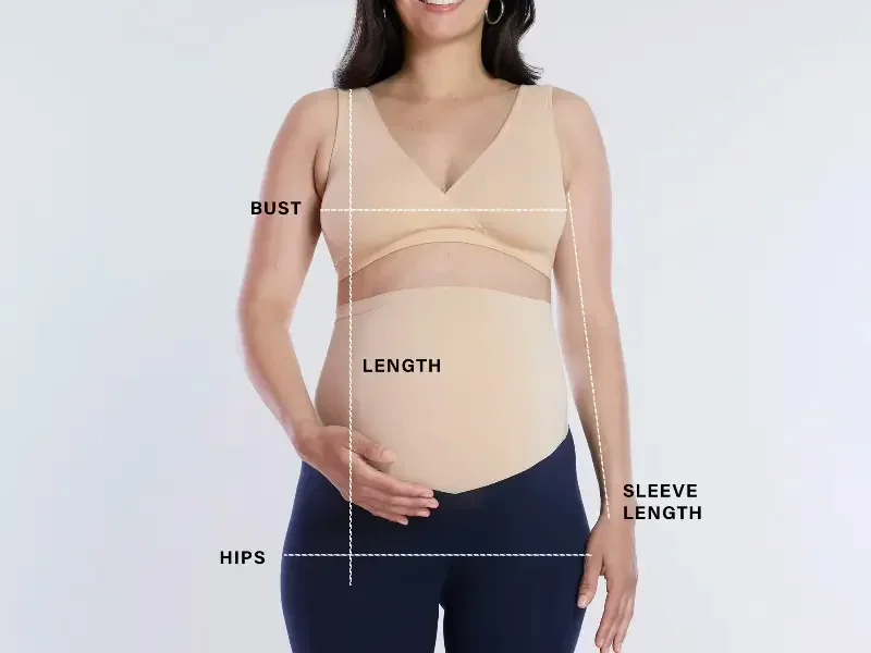 Non-linear maternity grading measurements across bust, length, hips and sleeve