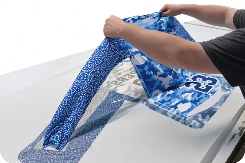 Hands holding a sublimation printed fabric panel with an all-over blue camo design