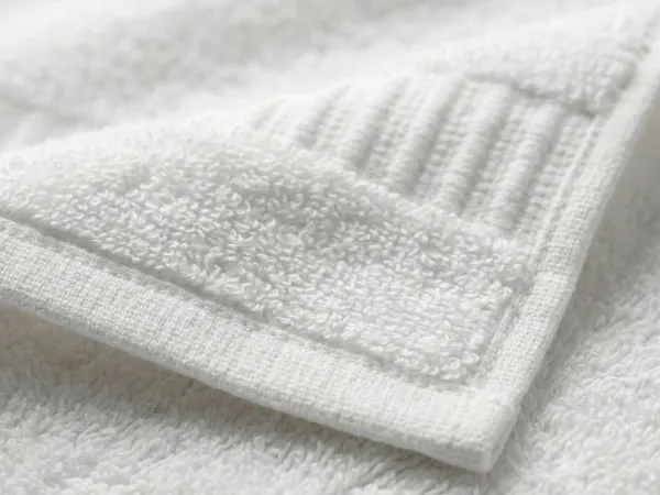 Institutional hotel towel — dense terry loops with reinforced double-stitched hem