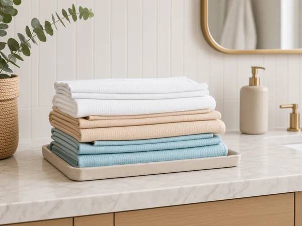 Standard cotton towel — balanced soft face stacked on a retail shelf