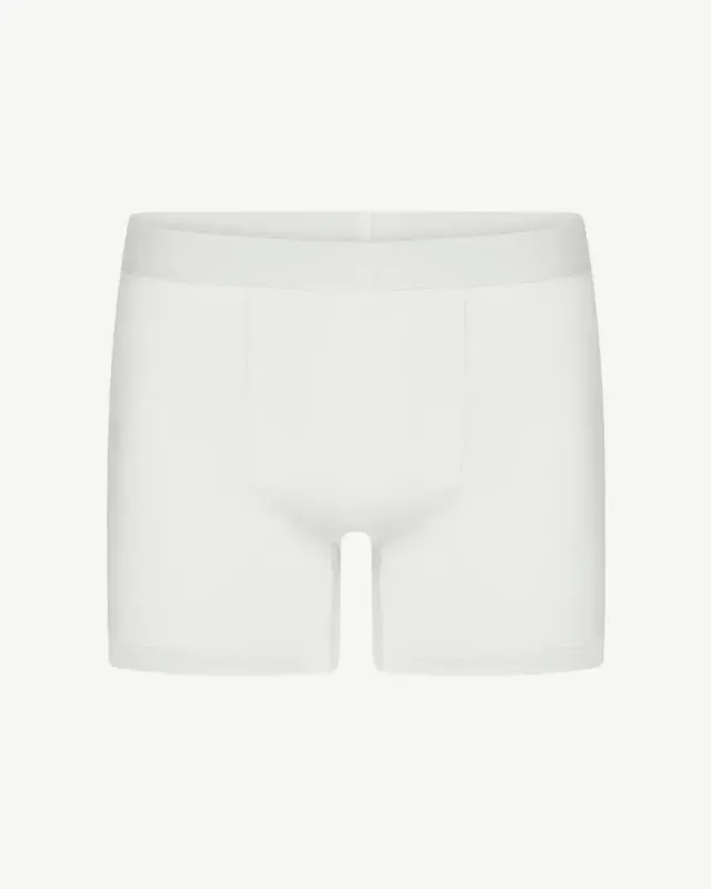A white boxer with copper rings marking the waistband, the anatomical pouch and the seam at the leg opening