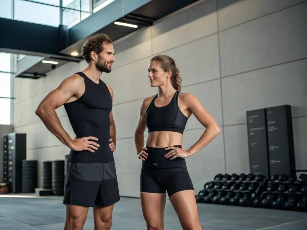 Man and woman wearing custom gym shorts