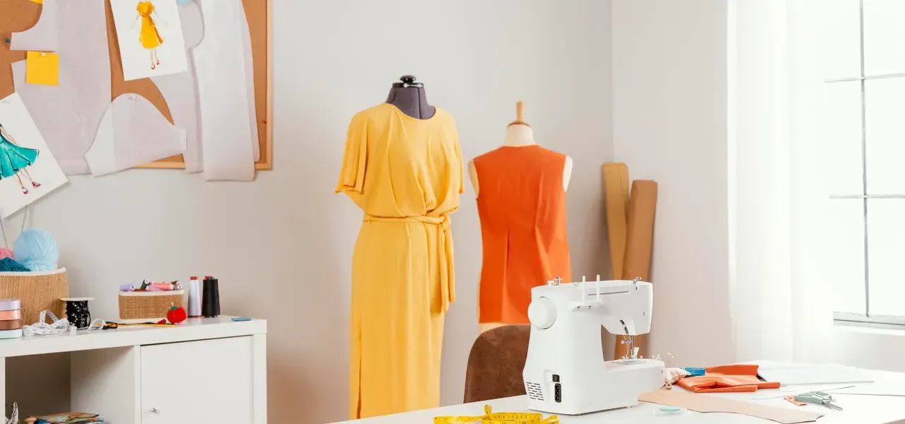 Custom apparel sampling studio — garment designs on dress forms beside a sewing machine