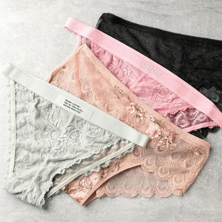 Custom lace panties by LeelineApparel with a branded elastic waistband and woven care label