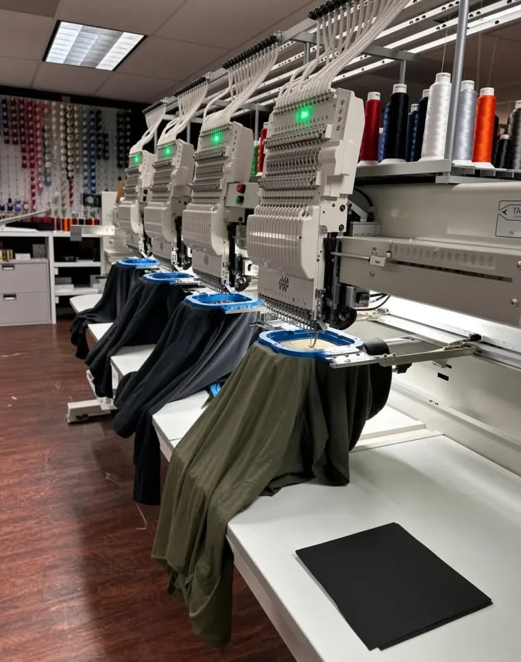 A row of multi-head embroidery machines hooping garments on the production floor with a colour thread rack behind