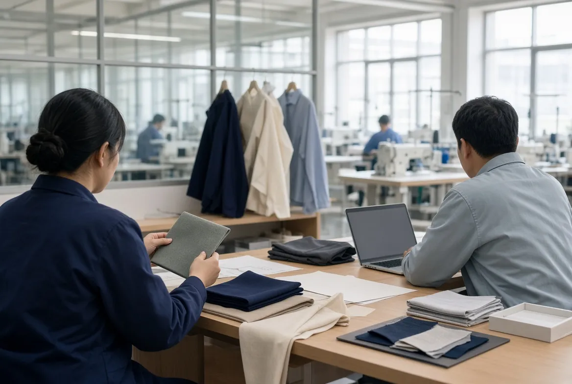 LeelineApparel client success team reviewing a production order with samples on the desk