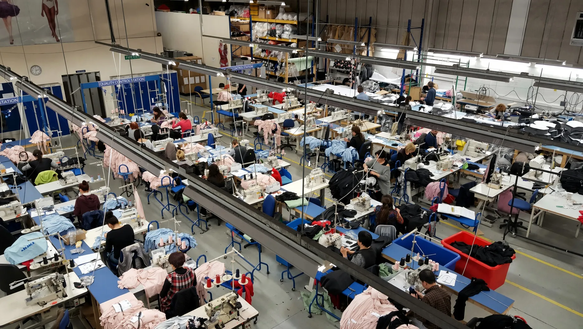 LeelineApparel production floor — 500 m² garment manufacturing facility