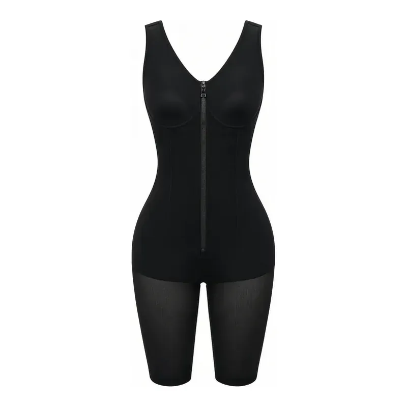 Black full-body shaper with a front zip closure and shaping panels