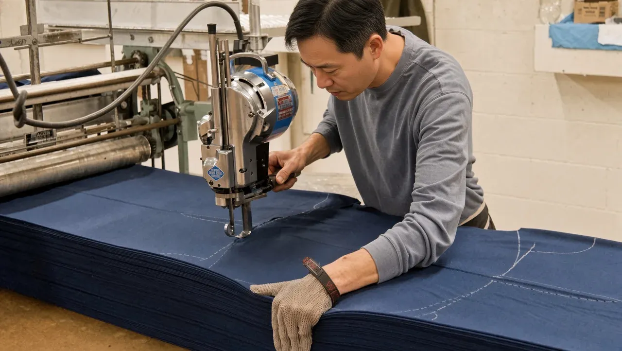 Operator cutting stacked fabric with a cutting machine at a cut and sew factory