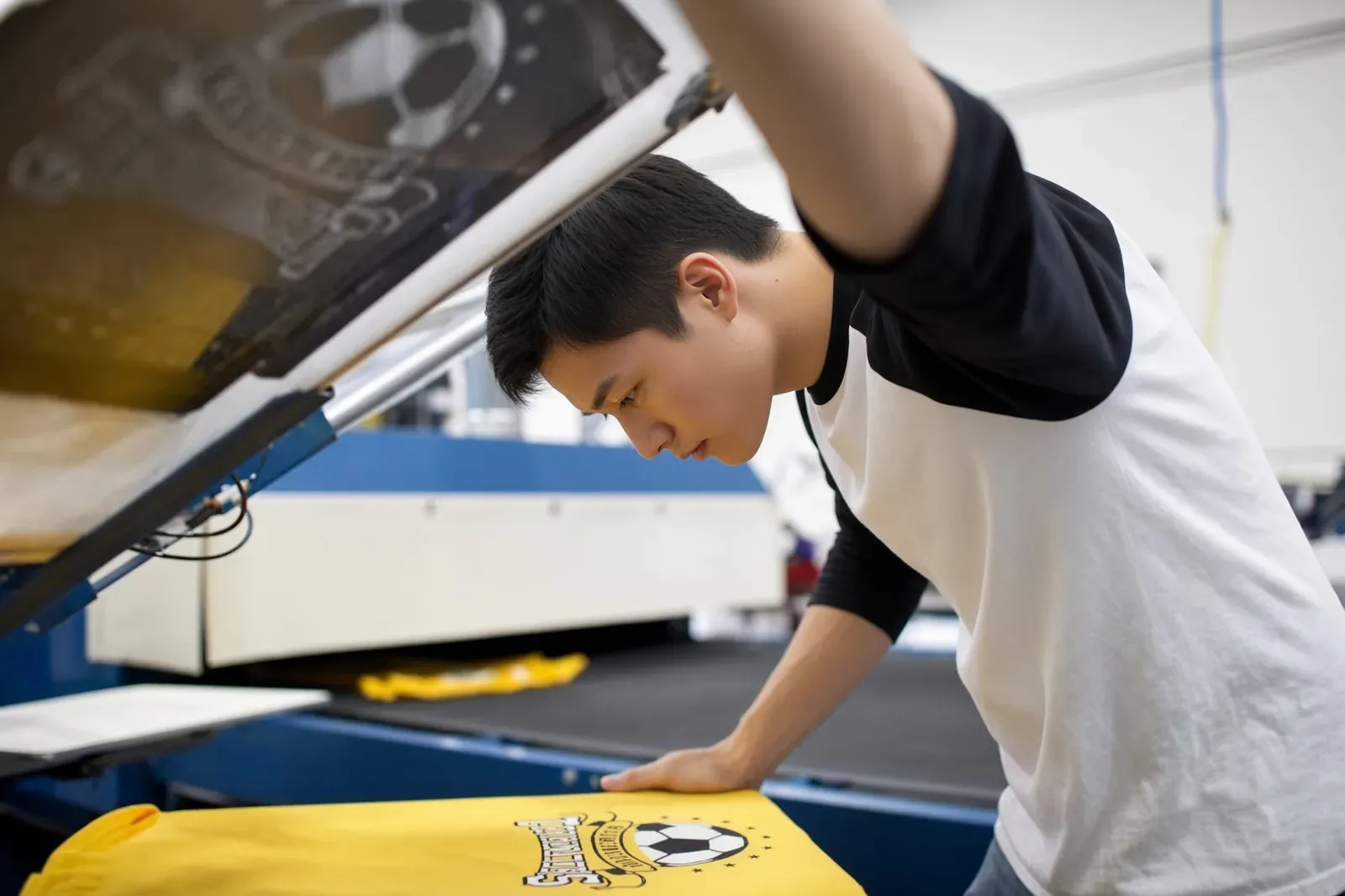 Screen-printing press applying ink on the production floor