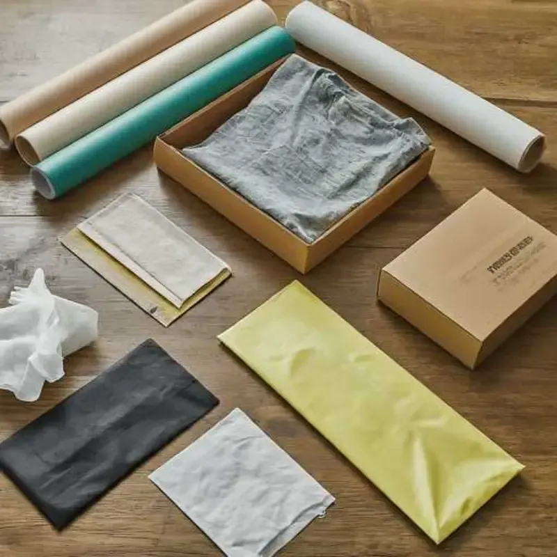 Cotton garment folded inside a kraft apparel box, surrounded by eco paper rolls and printed poly mailers on a warm wooden factory surface
