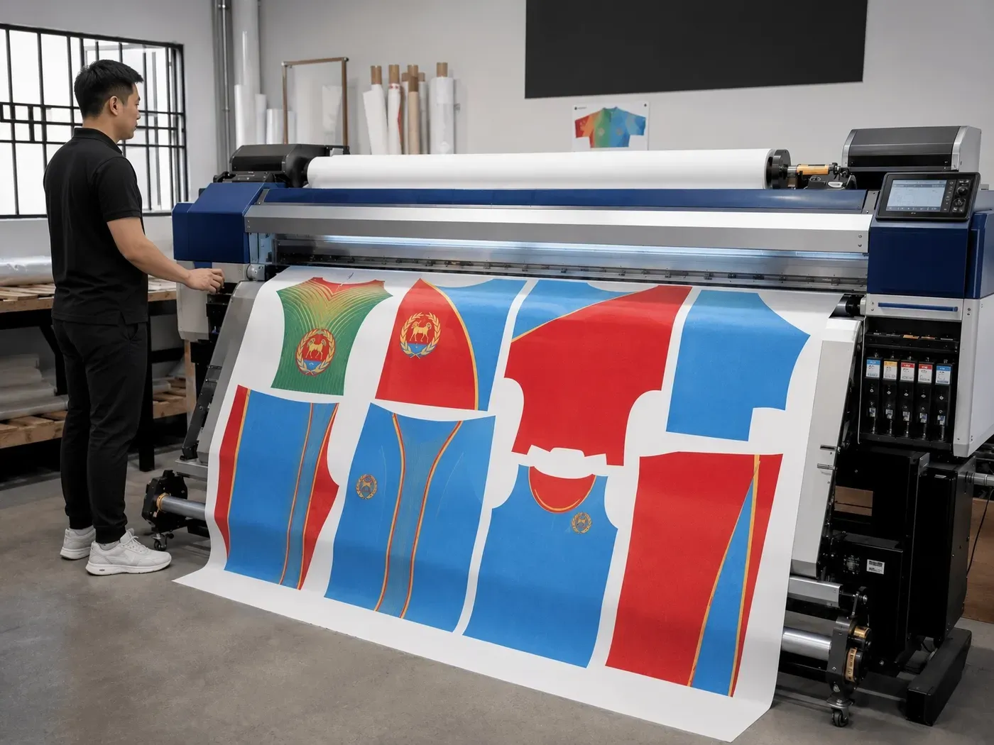 Wide-format sublimation printer outputting cut-and-sew garment panels at the production line