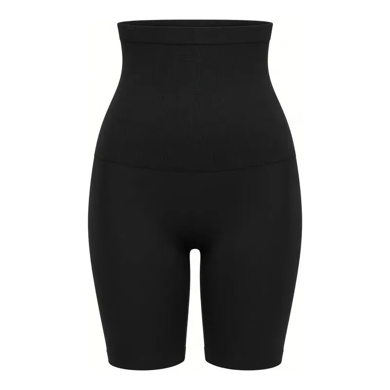 Black high-waisted shaping shorts with a wide smooth waistband