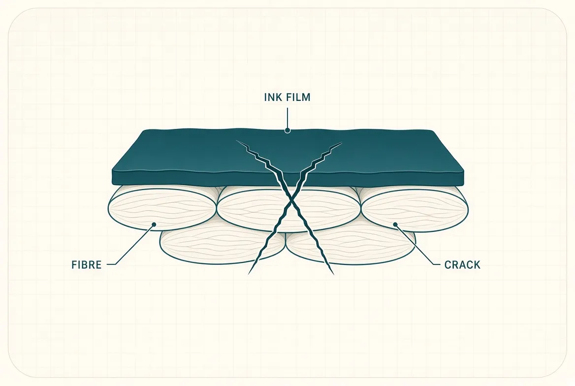 Cross-section of a fabric with an ink film sitting on top and a crack running through it