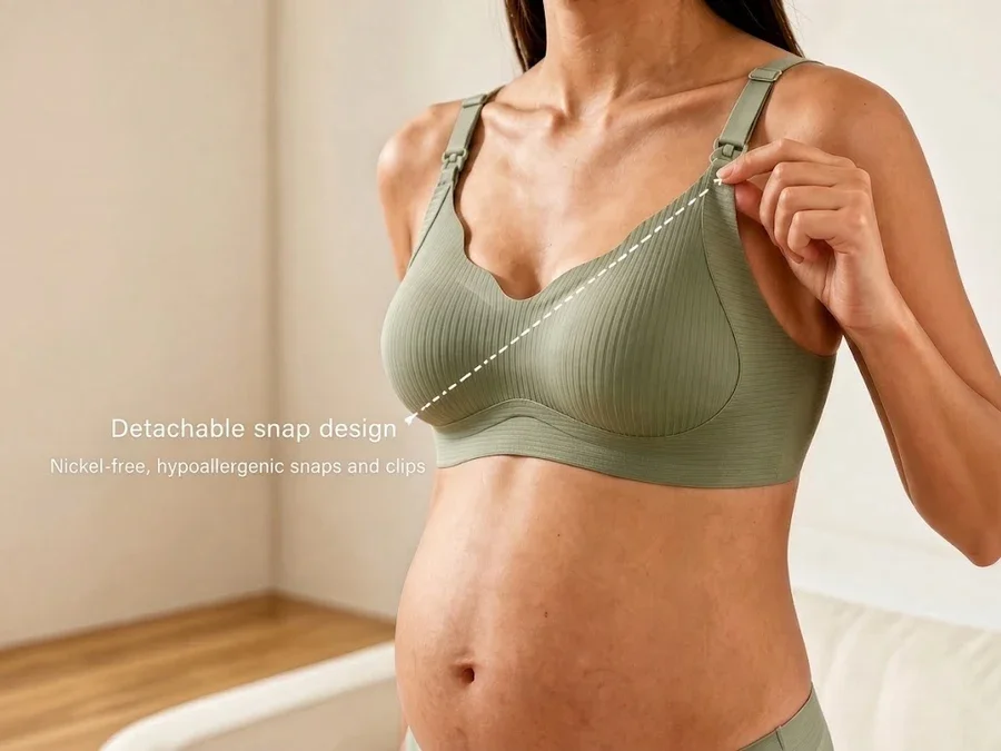 Detachable nickel-free snap on a green maternity nursing bra