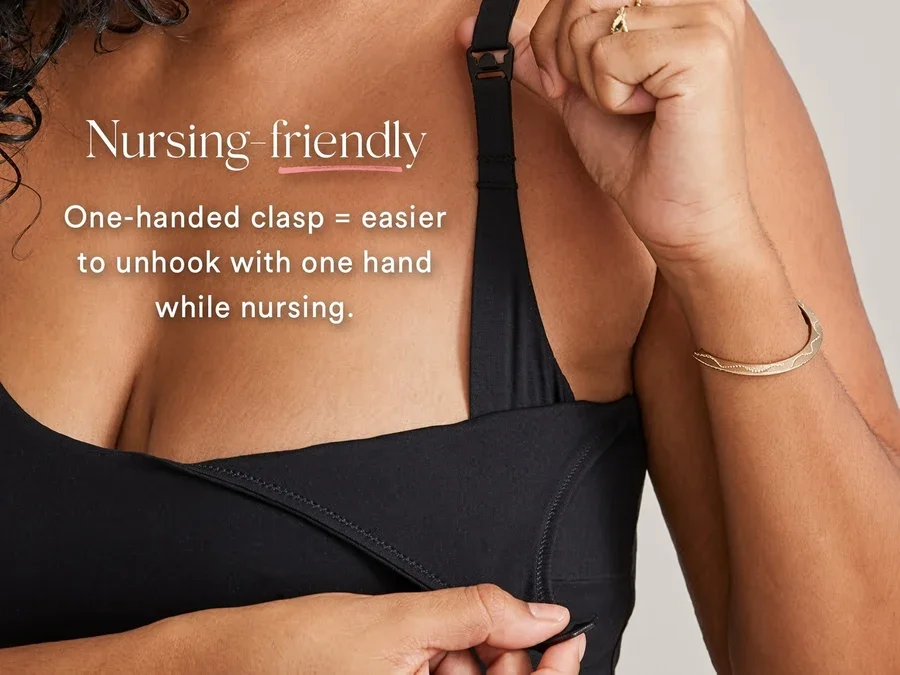 One-handed nursing clasp on a maternity nursing bra
