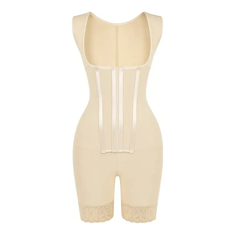 Beige post-surgical compression garment with front hook-and-eye closures