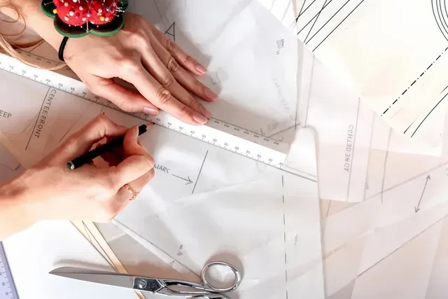 Pattern maker drafting a garment pattern for a cut and sew order