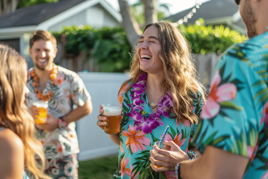 People wearing custom Hawaiian shirts at a summer gathering