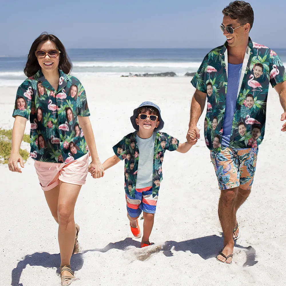 Family of five in matching Hawaiian shirts at a resort poolside brunch