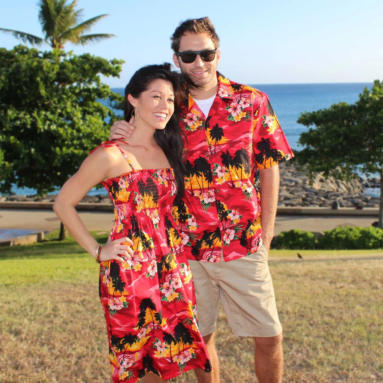Tropical diamond head sunset Hawaiian shirt icon set