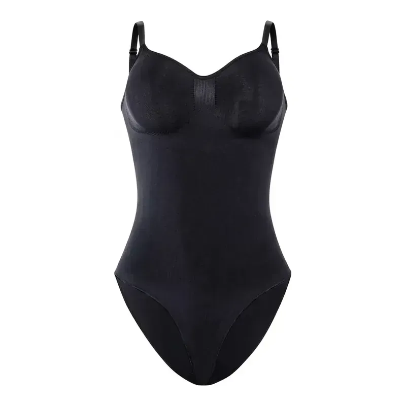 Black seamless compression bodysuit with integrated cups, shown flat