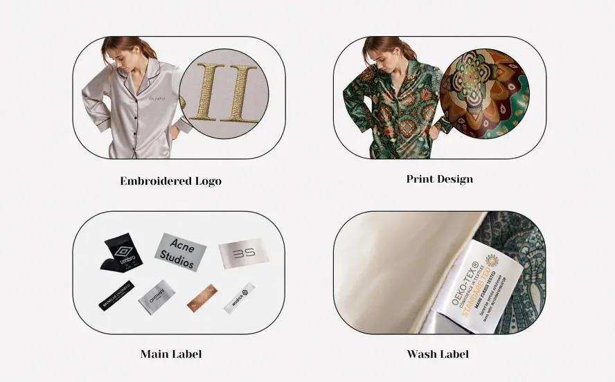 Custom pajama branding — embroidered logo, print design, main label and wash label