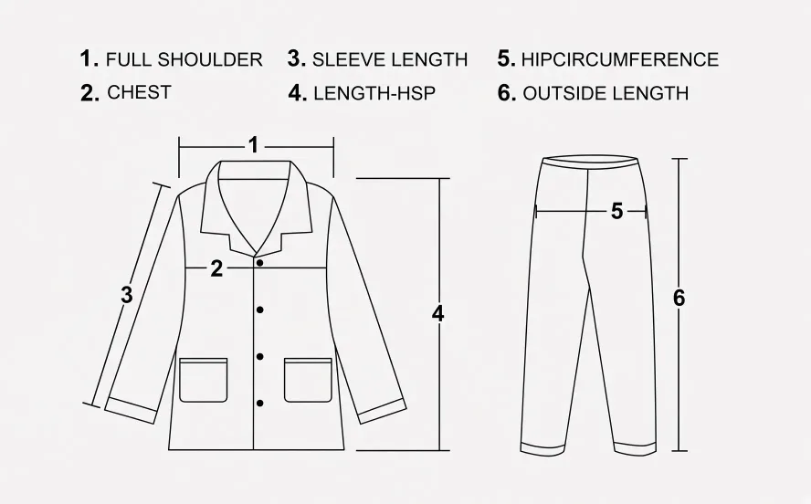 Custom pajama measurement diagram — shoulder, chest, sleeve, hip and length points