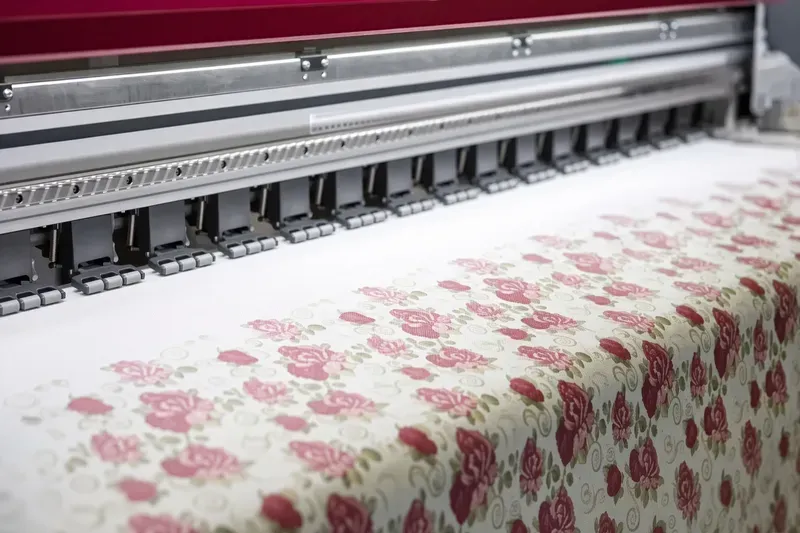 Close-up of a wide-format sublimation printer laying a floral motif onto fabric