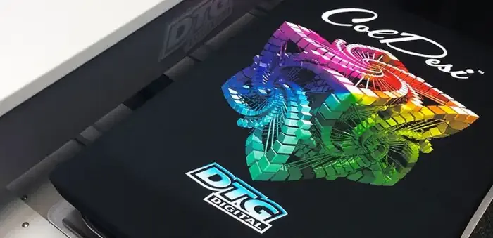 Direct-to-garment full-colour print of a detailed graphic on a black tee