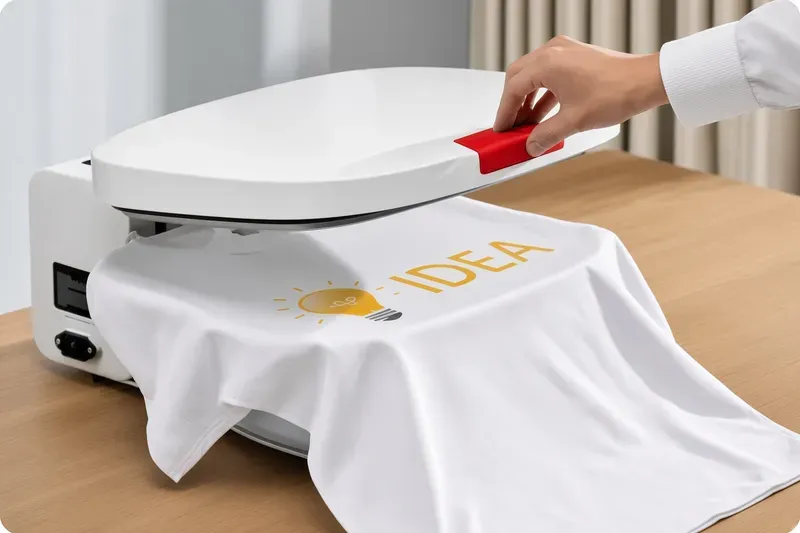 Heat press machine transferring a design onto a white t-shirt
