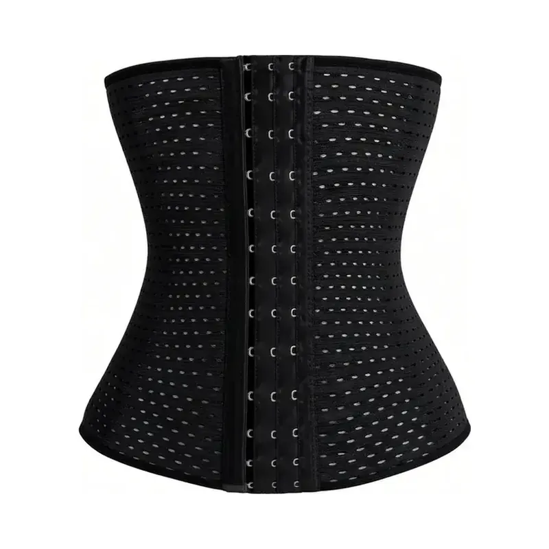 Black waist cincher with a row of front hook-and-eye closures
